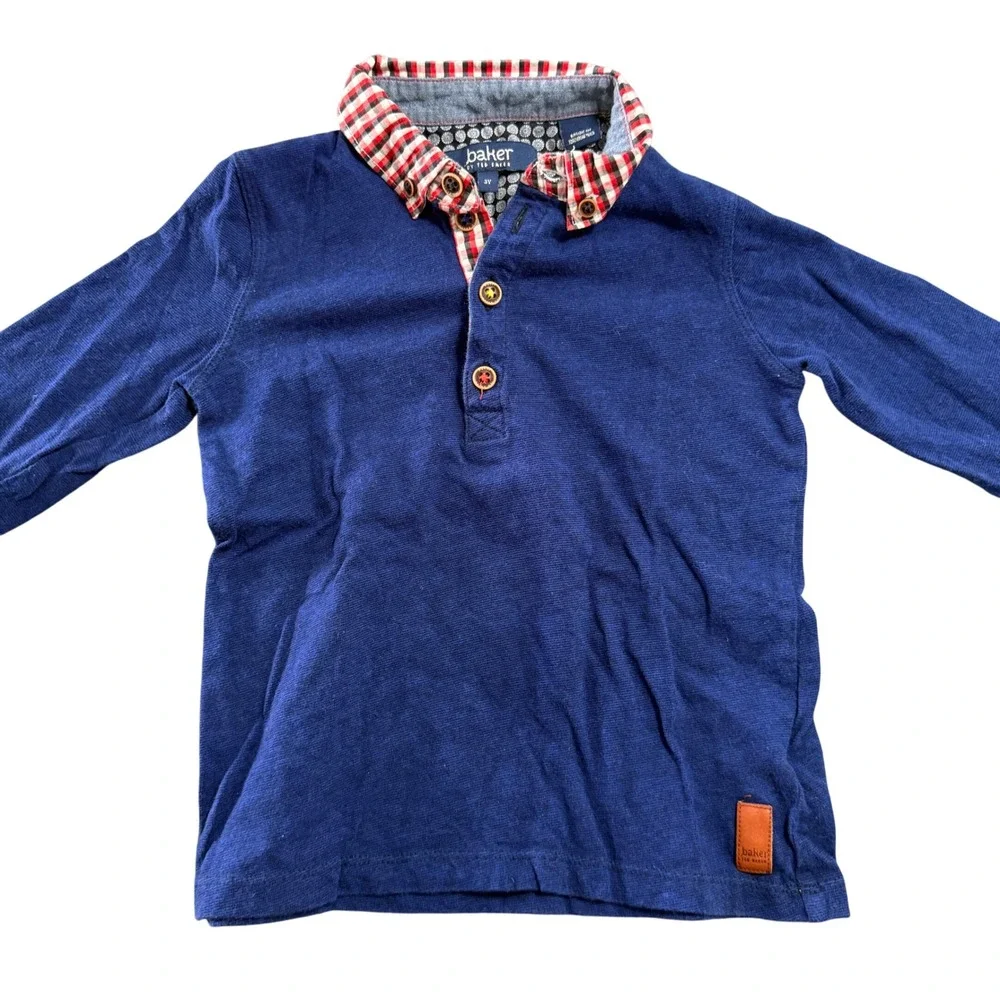 Baker by Ted Baker Boys Navy Blue Gingham Collar Long Sleeve Polo Shirt Size 3Y